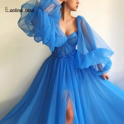 2020 New Listing Blue Prom Dress Sweetheart Full Sleeves Tulle Split Long Formal Party Gowns Evening Dress vestidos de festa