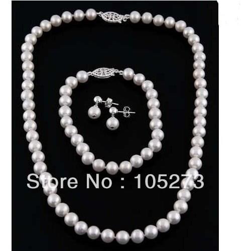 New Arriver Genuine Freshwater Pearl Necklace Bracelet Earring Jewelry Set White Color AA 6-7mm 20'' Wholesale New Free Shipping