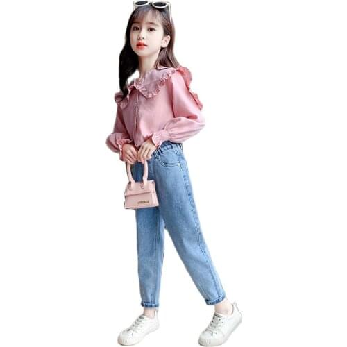 NEW girls shirt pants suit lace collar shirt jeans two-piece suit