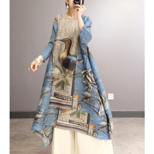 2020 early spring new Womens national style dress Miyak fold Fashion plus size Loose and thin elegant age-reducing a-line dress