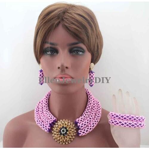 Surprising African Costume Jewelry Set 3 Layers Purple/Baby Pink Crystal Beads Nigerian Indian Necklace Set Free Shipping W13393