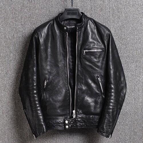 YR!Free shipping.Brand New japan 0.8-1mm sheepskin jacket,fashion mans slim tanning genuine leather coat.vintage style.sales