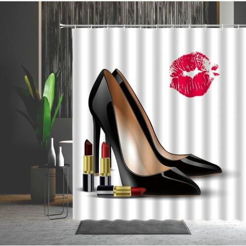 High-Heel Shower Curtain Lipstick Heart-Shaped Pattern Polyester Fabric Machine Washable Bathroom Decor Curtain Set With Hooks