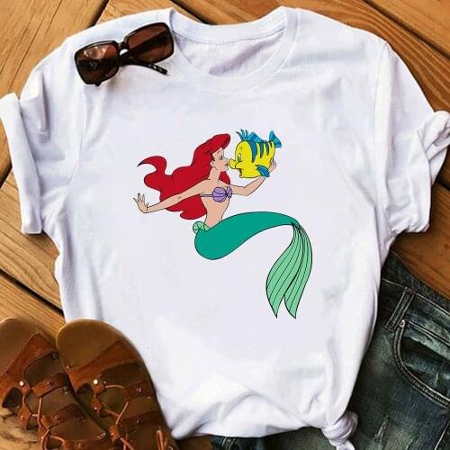 Woman Tshirt The Little Mermaid Ariel Flounder Print T shirt Streetwear Harajuku Tops Female T-shirts Short Sleeve T-shirt