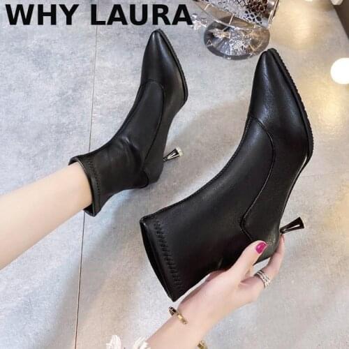 Ladies short toe toe elastic high slip on heel ankle pump, stiletto heels lazy all-match biackMujer short shoe high boots