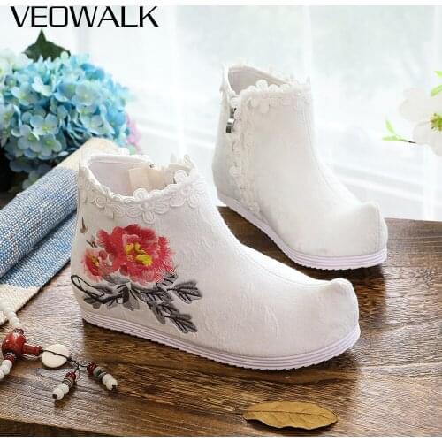 Veowalk Lace Edged Women Cotton Fabric Embroidered Short Ankle Boots Comfortable Ladies Retro Booties Chinese Style Shoes White