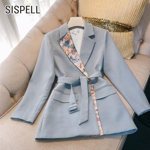SISPELL Patchwork Print Womens Blazer Coat Lapel Collar Long Sleeve Lace Up Bowknot Hit Color Loose For Female Coats Fashion
