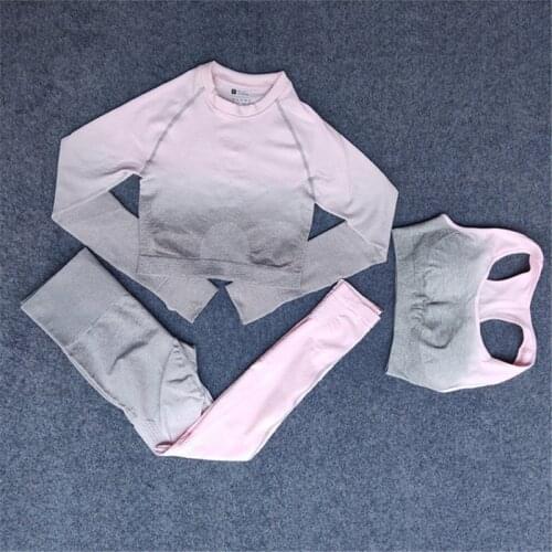 Women Gradient Color Yoga Set Sports Bra Running Pants Fitness Workout Gym Clothing Suit Seamless Leggings Long Sleeve Crop Top