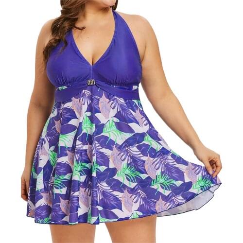 Swimsuit Women Sexy Bikinis 2021 Woman Bathing Suit Leaf Print Fat Lady Plus Size One-piece Suits Halter Swimwear Beach Dress