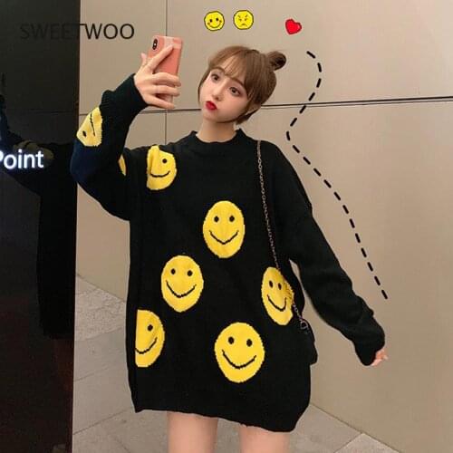 2021 Autumn Winter Woman Sweater Smile Pattern Loose Korean Stylish Women Warm Oversize Casual Knitted Pullover Jumper