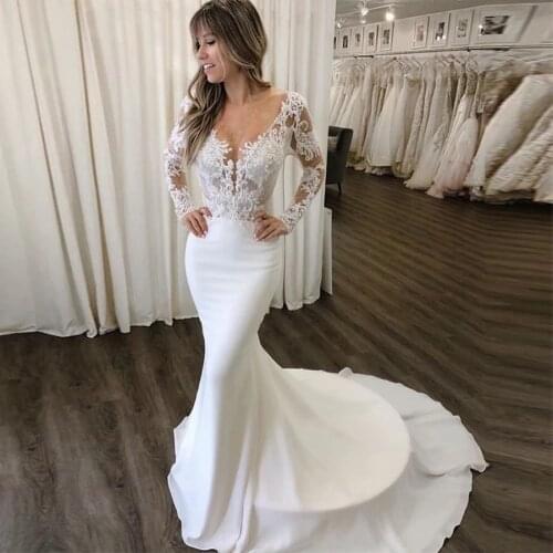 Romantic Mermaid Wedding Dress With Long Sleeves Deep V Neck Bridal Dress Illusion Bodice Appliques Beading Chiffon Bride Gowns