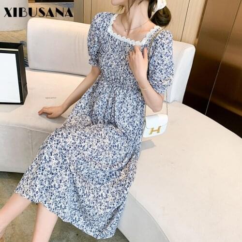 2021 Summer French Style Floral Chiffon Dress Women Square Collar Short Sleeve Pleated Elastic Waist Midi Dress Female Vestidos