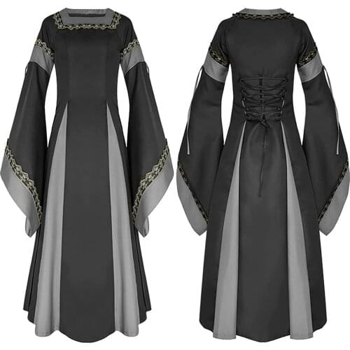 Gothic Dresses For Women 2021 Ens Halloween Vintage Two Color Dress Casual Patchwork Trumpet Sleeve Maxi Dress Robe Femme