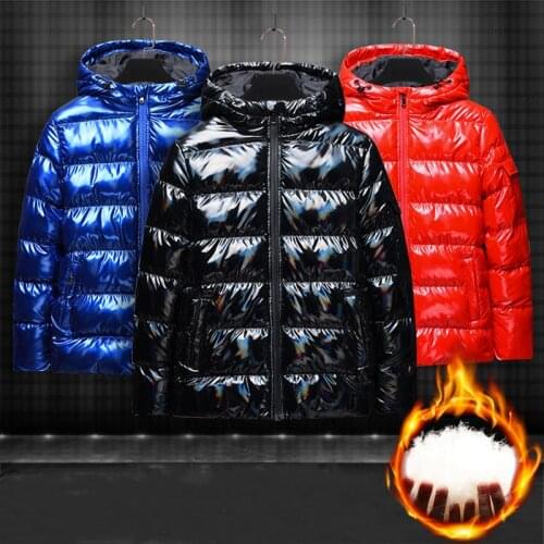 8-19T Boys Symphony Parkas Cotton Jackets Bright Thick Hooded Warm Fashion Padded Jackets Black Blue Red Gray High Quality