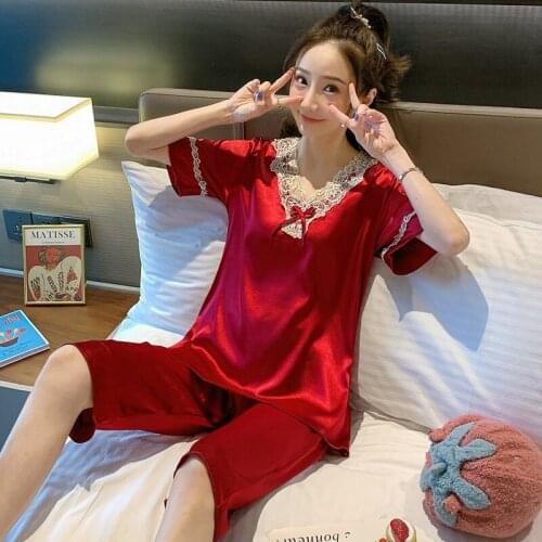 2020 Women Sleepwear Lace Patchwork Ice Silk Pajamas Set Ladies Sexy Short Sleeve Shirts & Shorts Summer Homewear Puls Size 3XL
