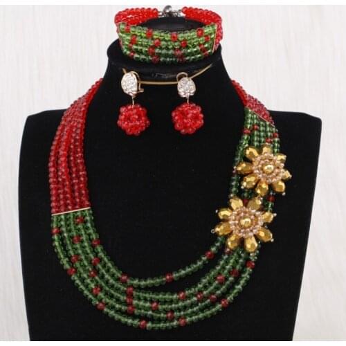 4UJewelry 2019 New Necklaces Pendants Red and Green African Style Bridal Jewelry Set With Beaded Gold Flowers 5 Rows Jewellery