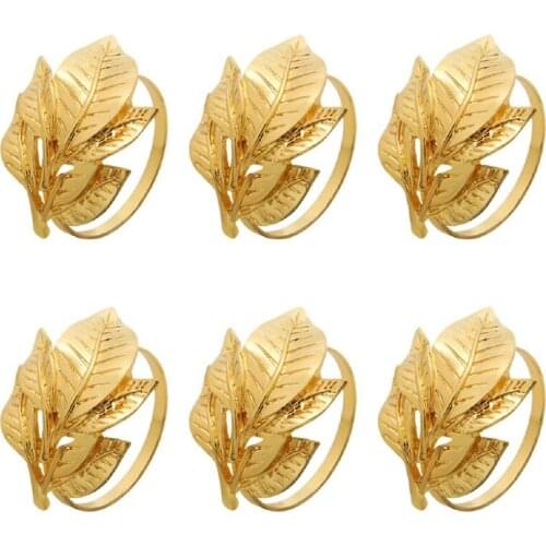 6Pcs Alloy Napkin Ring Exquisite Napkin Buckle Holder Table Decoration Golden Leaf Napkin Rings for Dinner Party Wedding
