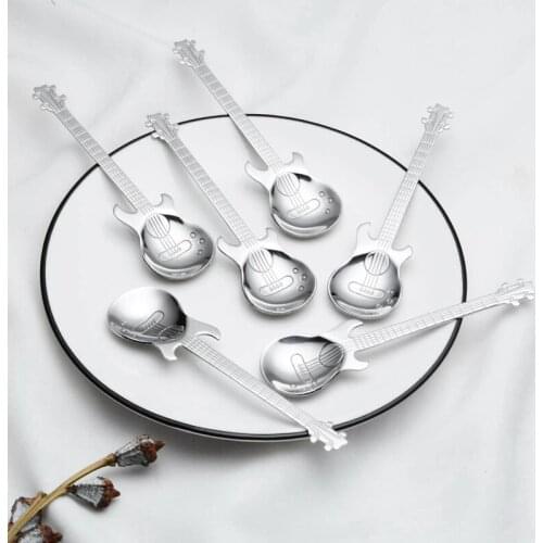 6-Pack Guitar Coffee Spoons Creative Cute Spoons Stainless Steel Teaspoons Stirring Spoon Guitar Shaped Silver