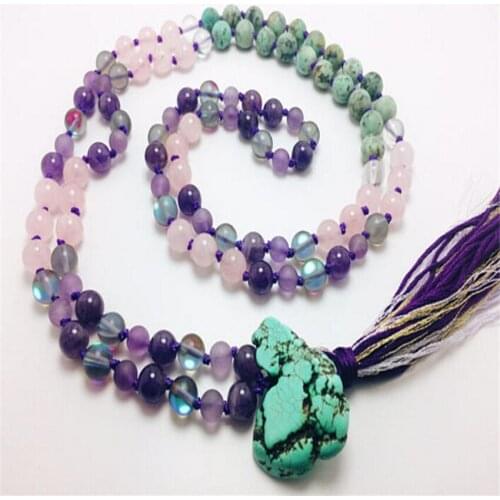 8mm 108 Turquoise Moonstone Crystal gemstone Mala necklace spirituality Gemstone Lucky Wrist natural Reiki Unisex Tassel MONK