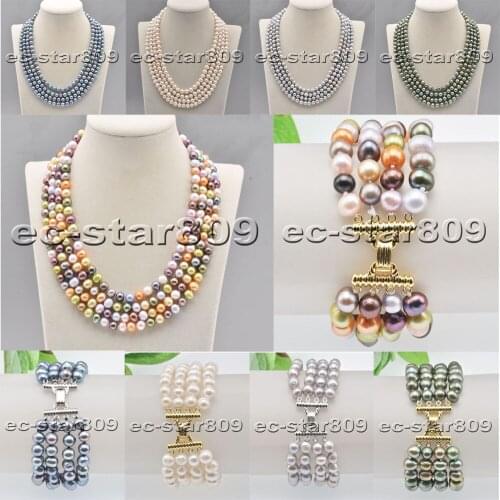 D0380 4Row 19" 8mm Multicolor Round Freshwater Pearl Choker Necklace Bracelet
