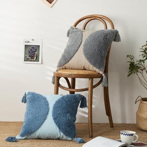 Moroccan Style Cushion Cover 45x45cm Blue Grey Pillow Cover Tassels Tufted Home Decoration for Living Room Bed Room Sofa Chair