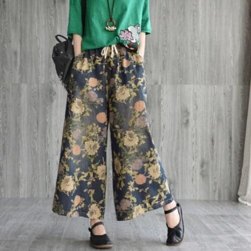 Summer Vintage Flower Printed Wide Leg Denim Pants Women Elastic Waist Drawstring Loose Fit Jeans Female Casual Trousers