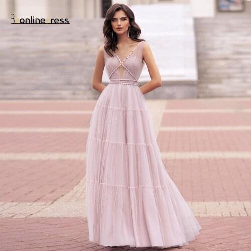 2020 New Elegant Evening Dress A-Line Tulle Evening Dresses Long V-Neck Floor Length Formal Party Gown 2020 robe de soiree