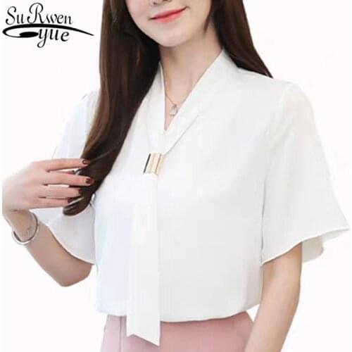 Short-Sleeved Slim Top Korean Style Chiffon Womans Blouse Women Elegant Womens Tops and Blouses Womens White Shirt 8908 50