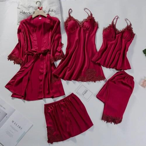 Sweet Lace Flower Trim 5PCS Pajamas Set Lady Sexy Backless Strap Top&Pant Satin Pyjamas Sleepwear Summer Loose Home Clothes