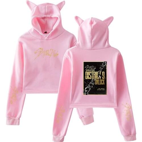 Kpop Stray Kids Their World Tour District 9 Unlock 2D Print 2020 Cat Ears Top Women Hoodies Sweatshirt Sexy Clothes Casual Short