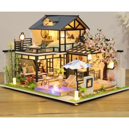 Japanese Casa Wooden Doll House Kit Miniature with Furniture Light Cottage Dollhouse DIY Villa Toys for Adults Xmas Gifts