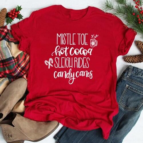 Mistletoe Hot Cocoa Sleigh Rides Candy Canes Christmas T-shirt Trendy Graphic Funny Tees Tops Unisex Women Fashion Slogan Tshirt