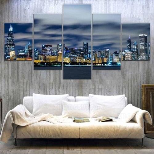 Wall Art Modular Canvas HD Prints Posters Home Decor Pictures 5 Piece Chicago Skyline Art Paintings Framework