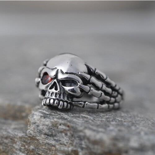 925 Sterling Silver Rock Punk Biker Skull Skeleton Red CZ Eyes Men Ring A3616