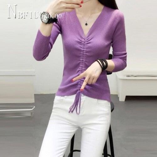 2020 Autumn New Drawstring Expose Navel Women Sweater V Neck Knitting Female Sweaters