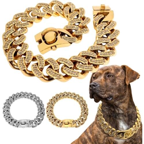 Stainless Steel Dog Chian Collar Strong Pet Slip Choke Collar Rhinestone Dog Slip Collars for Medium Large Dogs Pitbull