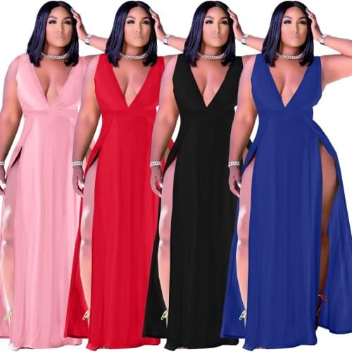 Plus Size S-3XL Women Side Split Party Dresses 2021 Newest Summer Sleeveless Fashion V Neck Elegant Club Dress Floor Length