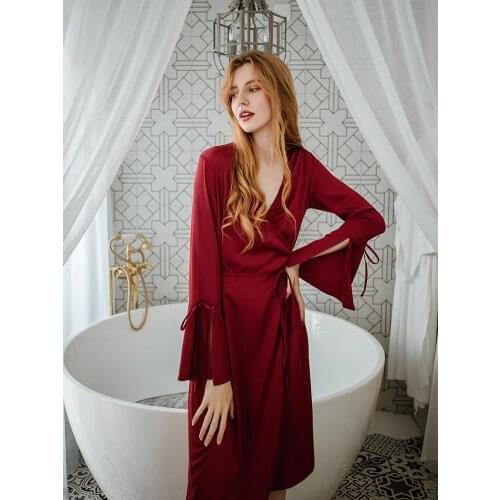 Sexy Ladies Bright Red Croset Bathrobe Solid Graceful Beautiful Party Evening Nightwear Sleepwear Long Sleeves V-Neck