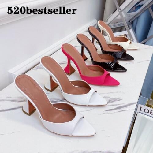 Women Lady High heels sandals shoes Black White Patent Leather Mules Open Toes summer Slide loafer flip flop 2021 fashion sexy