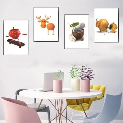Modern Cute Fruits Animal Cat Orange Coco Nut and Strawberry Poster Print Canvas Painting Picture Decoration for Home Wall Art