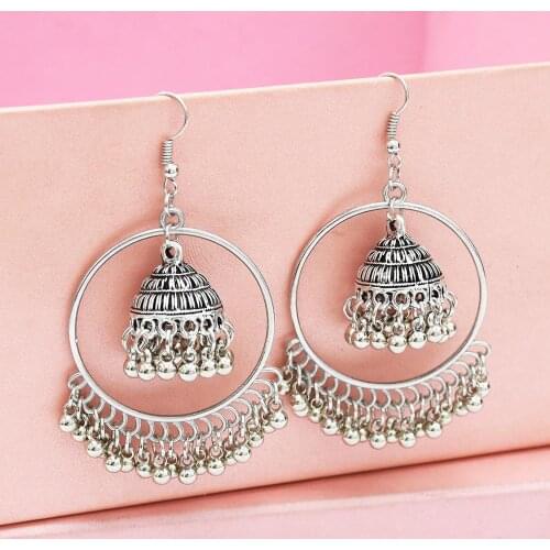 Turkish Ethnic Retro Jewelry Big Circle Geometric Jhumka Indian Earrings For Women Golden Bell-Shaped Tassel Pendant Earrings