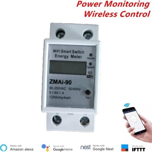 Smart WiFi Power Consumption Switch Energy Monitoring Meter 110V- 220V Din Rail Remote Control Google assistance Compatible
