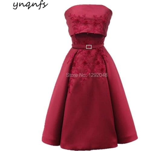 YNQNFS M113 Vintage Strapless Wine Red Satin Dress Party Gown Guest Wear Knee Length Mother of the Bride Groom Dresses 2019