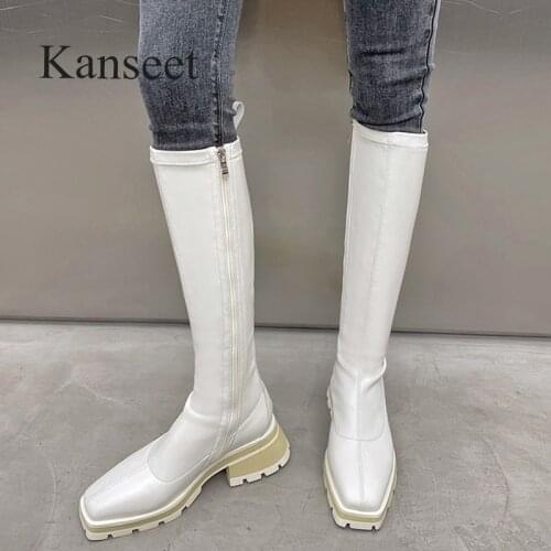 Kanseet Square Toe Zipper Women Knee-High Boots 2021 Autumn Winter New Fashion Chunky Heels Shoes Slim Stretch Long Boots Beige