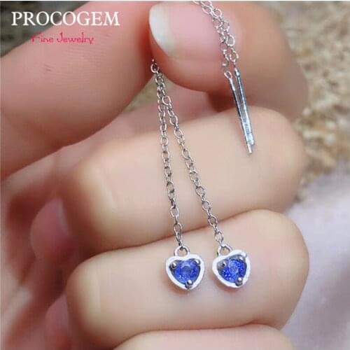 PROCOGEM Heart Shape Natural Sapphire Drop Earrings Ear Line for Women Party Gifts 0.15Ct Real Gemstone 925 Sterling silver #544