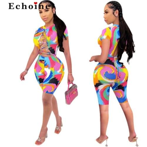 Women Paint Graffiti Playsuit Lace-up Hollow Out Sexy Bodycon Backless Jumpsuit Leisure Short Pants Camo Printed Onesies Rompers