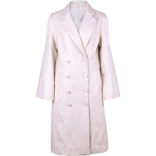 YOLOAgain Women Long Real Leather Trench Coat Double Breasted Flare Sleeve Outerwear Ladies
