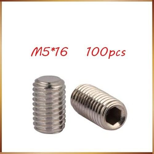 100Pcs DIN913 M5*16mm 304 Stainless Steel Metric Thread Grub Screws Flat Point Hexagon Socket Set Screws Headless M5x16 mm