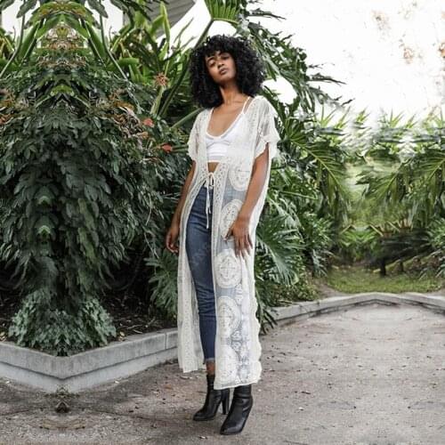 2021 Sexy See Through Bikini Cover-ups Long Black Lace Tunic Plus Size Kimono Women Summer Beach Wear Swim Suit Cover Up Q1308