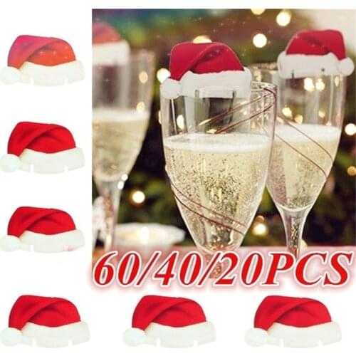 60/40/20 Pcs Christmas Hat Red Wine Cup Card Christmas Hat Cup Card Decoration Christmas Wine Cup Sign